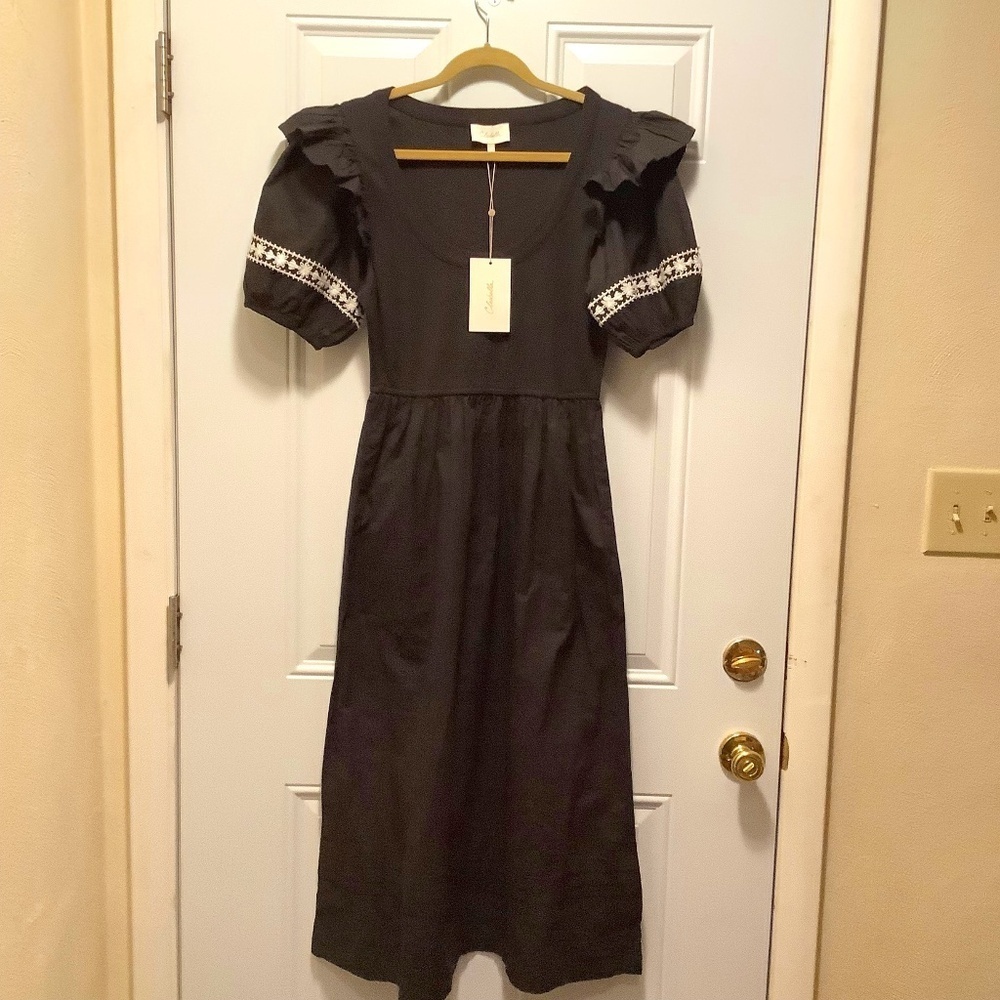 Cleobella| Selma Midi Dress Ribbed Bodice Embroidered Cuff Puff Sleeves NWT Sz M